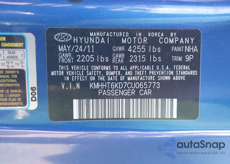 2012 Hyundai Genesis 2.0T z USA, uszkodzony, nr VIN KMHHT6KD7CU065773